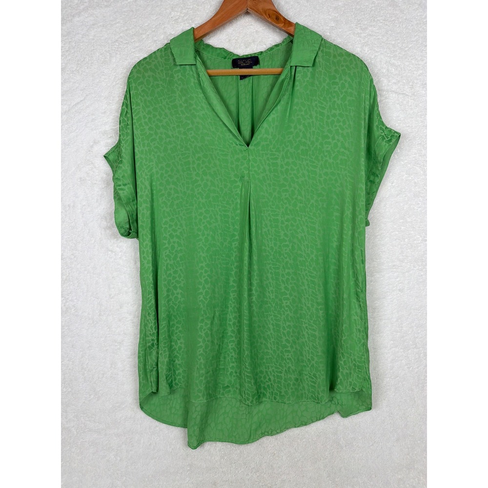 Rachel Rachel Roy Blouse Women Large Green Animal Print V-Neck Short Sleeve Top